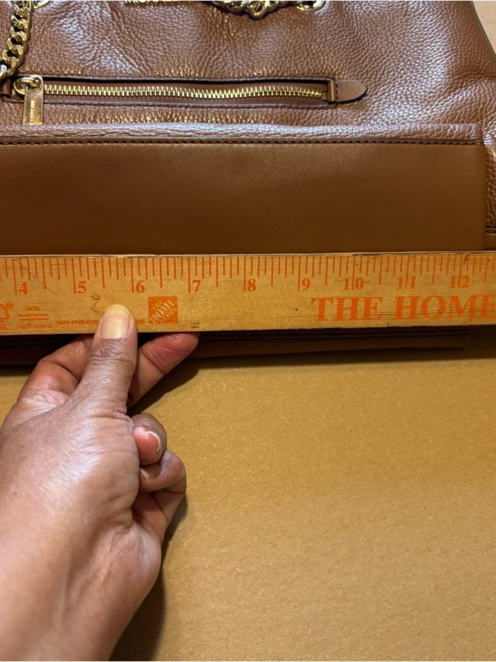 Michael Kors Cognac Pebbled Leather Tote with Gold Chain Straps zipper closure